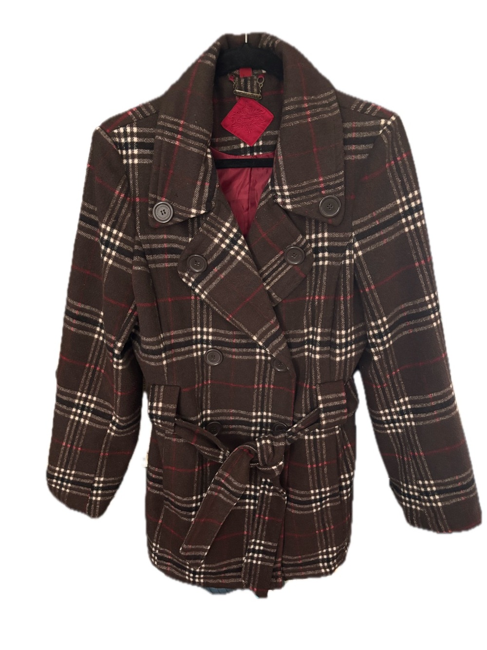 Jou Jou Brown Plaid Belted Peacoat with Red Accents